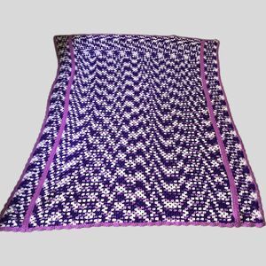 Vintage Knitted Crocheted Blanket Purple/White Chevron Pattern  54" X 79"